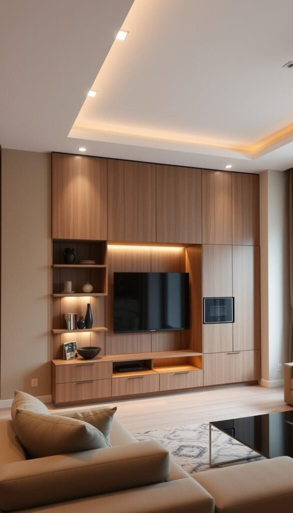 A modern, minimalist living room with an emphasis on vertical space utilization. The focal point is a sleek, custom-built wall unit that extends from floor to ceiling, maximizing storage and display space. The unit features a mix of open shelves, concealed cabinets, and recessed lighting, creating a balanced and visually appealing composition. The walls are painted in a neutral, earthy tone, allowing the architectural elements to take center stage. The ceiling is adorned with a series of recessed downlights, strategically positioned to illuminate the room and create a sense of depth. The overall mood is one of refined simplicity, where form and function seamlessly coexist.