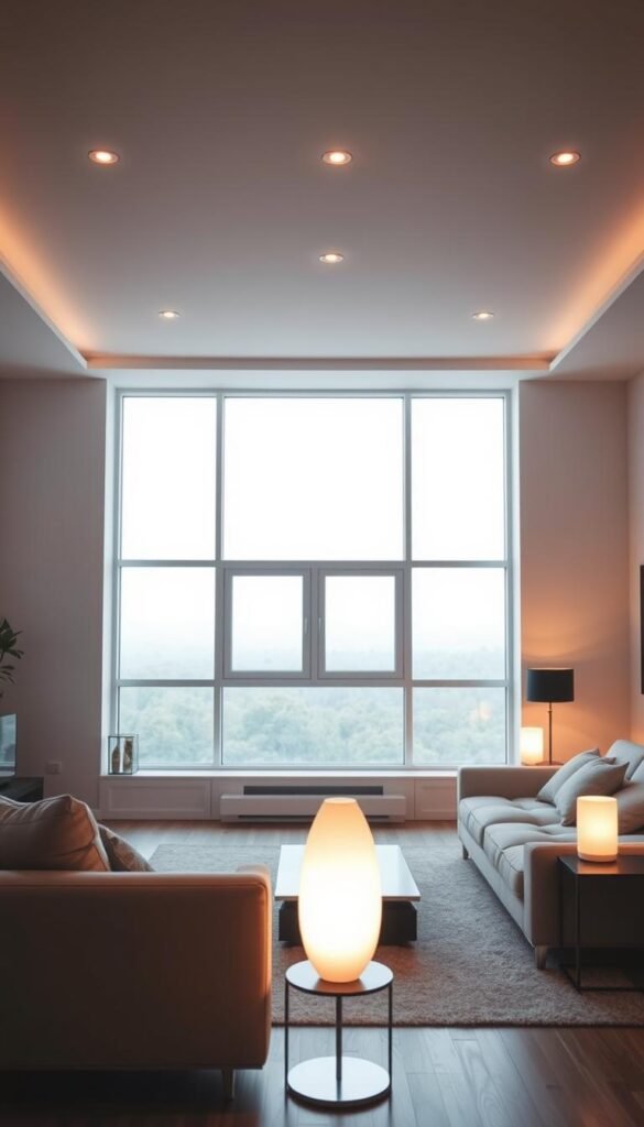 A modern, minimalist living room with warm, layered lighting. The focal point is a large window, bathing the space in natural light. Recessed ceiling lights cast a soft, diffused glow, while a single, sleek floor lamp illuminates the foreground. Subtle table lamps on the side tables provide additional task lighting. The overall effect is one of calm, balanced illumination that highlights the clean lines and neutral color palette of the room's furnishings. A serene, meditative atmosphere permeates the scene.