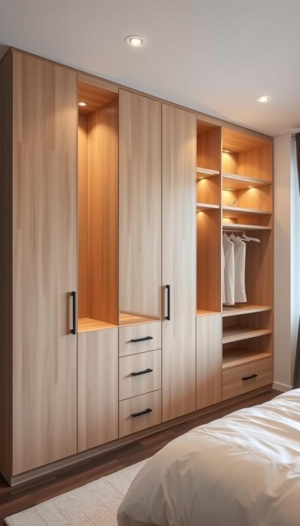 A modern, minimalist modular wardrobe system for a small bedroom, showcasing clean lines and a versatile design. The system features sleek, modular cabinets and shelves in a light, natural wood tone, seamlessly integrated into the wall. Soft, warm lighting emanates from within the cabinets, creating a cozy and welcoming atmosphere. The arrangement is carefully planned to maximize storage while maintaining an open, airy feel, with just the right balance of open and closed compartments. Shot from an angle that highlights the modular nature of the system, emphasizing its customizable and space-saving capabilities. A modern, minimalist modular wardrobe system for a small bedroom, showcasing clean lines and a versatile design. The system features sleek, modular cabinets and shelves in a light, natural wood tone, seamlessly integrated into the wall. Soft, warm lighting emanates from within the cabinets, creating a cozy and welcoming atmosphere. The arrangement is carefully planned to maximize storage while maintaining an open, airy feel, with just the right balance of open and closed compartments. Shot from an angle that highlights the modular nature of the system, emphasizing its customizable and space-saving capabilities.