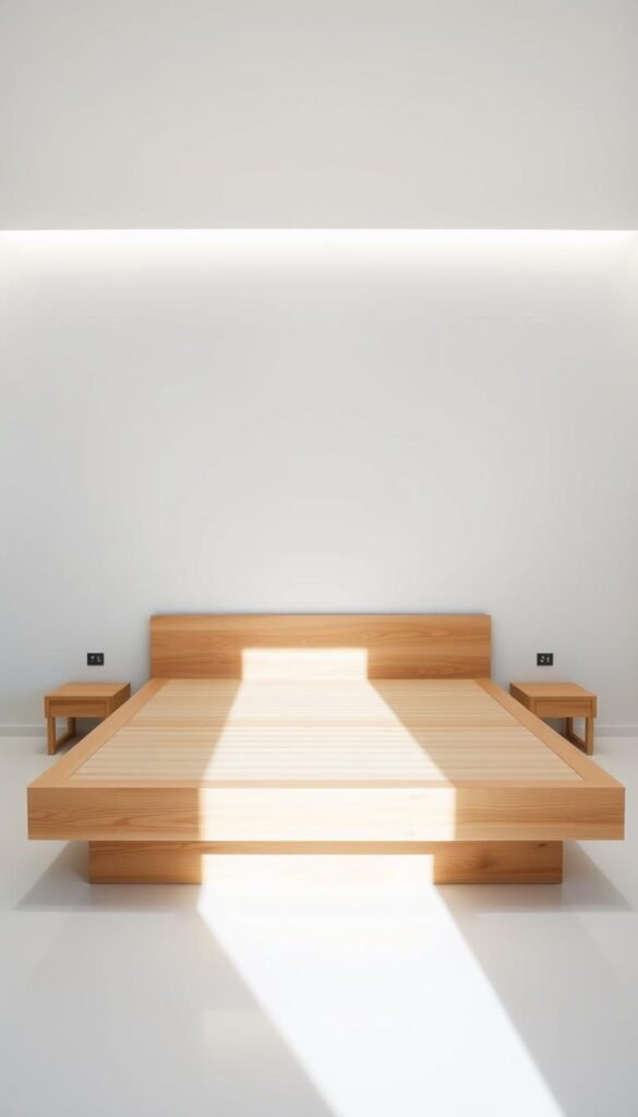 A modern, minimalist platform bed, its clean lines and natural wood finish creating a serene, uncluttered focal point. The bed is set against a neutral wall, with soft, even lighting from above highlighting the simplicity of the design. The frame is elevated slightly, giving an airy, floating appearance. The lack of unnecessary ornamentation allows the inherent beauty of the materials to shine. A sense of calm and tranquility permeates the scene, embodying the essence of minimalist bedroom furnishings.