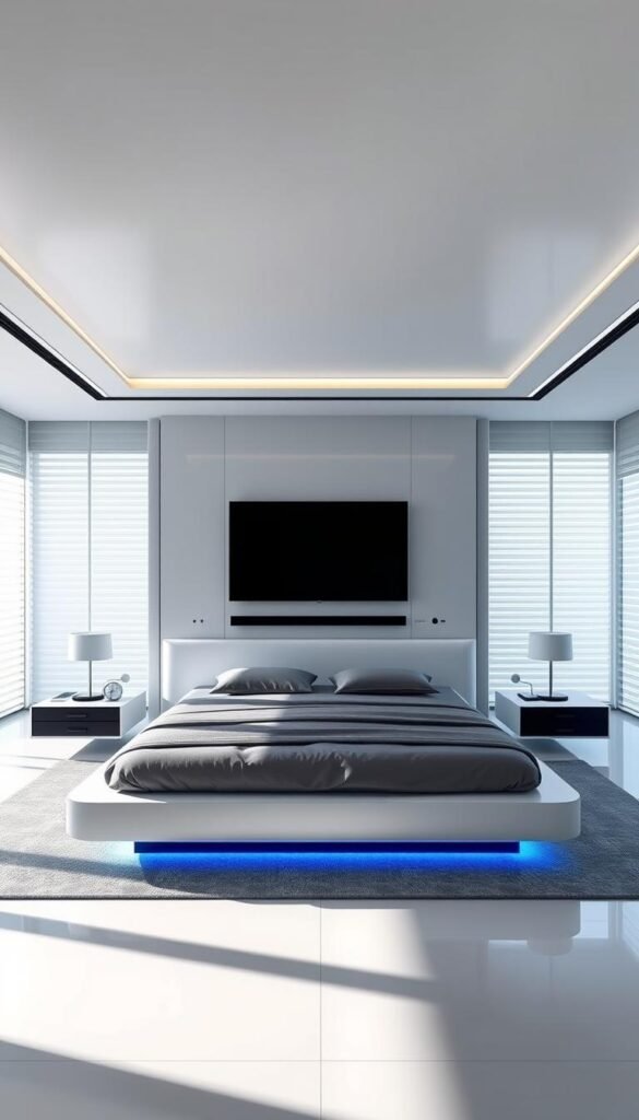 A modern, tech-integrated bedroom with sleek lines and a minimalist aesthetic. The centerpiece is a king-sized bed with a floating headboard that seamlessly integrates a hidden smart-home control panel. Flanking the bed are floating nightstands with built-in wireless charging pads and touch-sensitive lamps. In the middle ground, a large, frameless smart TV is mounted on the wall, connected to a discrete soundbar. The far wall features floor-to-ceiling windows, letting in abundant natural light that is filtered by automated blinds. The room has a neutral color palette, with accents of cool blues and grays, creating a calming, futuristic ambiance. A modern, tech-integrated bedroom with sleek lines and a minimalist aesthetic. The centerpiece is a king-sized bed with a floating headboard that seamlessly integrates a hidden smart-home control panel. Flanking the bed are floating nightstands with built-in wireless charging pads and touch-sensitive lamps. In the middle ground, a large, frameless smart TV is mounted on the wall, connected to a discrete soundbar. The far wall features floor-to-ceiling windows, letting in abundant natural light that is filtered by automated blinds. The room has a neutral color palette, with accents of cool blues and grays, creating a calming, futuristic ambiance.