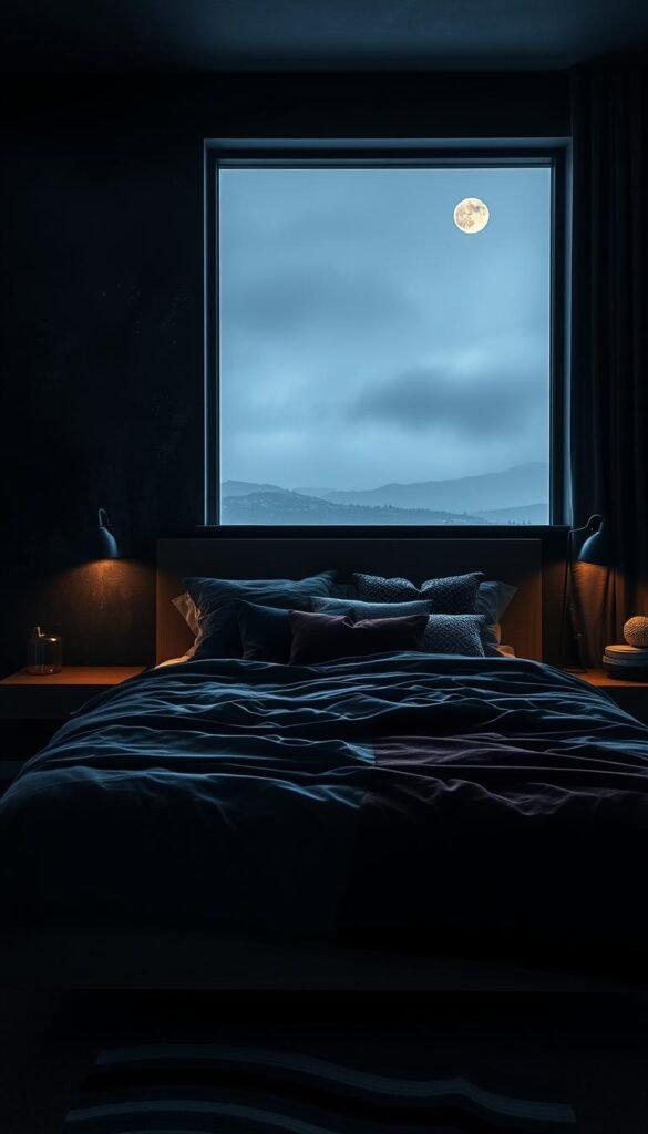 A moody and atmospheric bedroom scene with creative wall treatments and accents. In the foreground, a textured, dark accent wall with subtle brushstrokes and metallic flecks creates a striking focal point. In the middle ground, a floating bedframe is adorned with plush, jewel-toned bedding and an assortment of eclectic throw pillows. Ambient lighting from a pair of minimalist sconces casts a warm glow, while a large window in the background frames a hazy, moonlit landscape outside. The overall mood is cozy, sophisticated, and just a touch of dramatic.