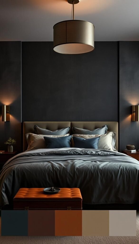 A moody and refined masculine bedroom color palette with warm earth tones and rich hues. A prominent feature wall in deep charcoal grey, accentuated by layered textures and muted metallics. Luxurious bedding in subtle shades of taupe and slate, complemented by dark wooden furniture. Ambient lighting casts a soft glow, creating an intimate and sophisticated atmosphere. Carefully curated accessories in brushed brass and leather add depth and character to the space. Soft indirect lighting from wall sconces and a minimalist pendant fixture above the bed frame the composition. A balance of masculine and elegant elements evokes a sense of refined masculinity. A moody and refined masculine bedroom color palette with warm earth tones and rich hues. A prominent feature wall in deep charcoal grey, accentuated by layered textures and muted metallics. Luxurious bedding in subtle shades of taupe and slate, complemented by dark wooden furniture. Ambient lighting casts a soft glow, creating an intimate and sophisticated atmosphere. Carefully curated accessories in brushed brass and leather add depth and character to the space. Soft indirect lighting from wall sconces and a minimalist pendant fixture above the bed frame the composition. A balance of masculine and elegant elements evokes a sense of refined masculinity.