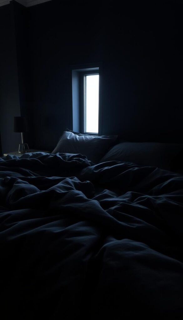 A moody, dimly lit bedroom with rich, velvety textures. Soft, diffused lighting emanates from a single bedside lamp, casting dramatic shadows across the rumpled, charcoal-hued bedding. The plush, oversized comforter spills over the edges of the bed, creating a cocoon-like atmosphere. Smooth, pewter-toned sheets peek out, their silky sheen reflecting the low light. The walls are painted in a deep, inky blue, absorbing the shadows and lending an enveloping, cocooning ambiance. A single, slender window allows a sliver of moonlight to filter in, adding to the moody, dreamlike quality of the scene.