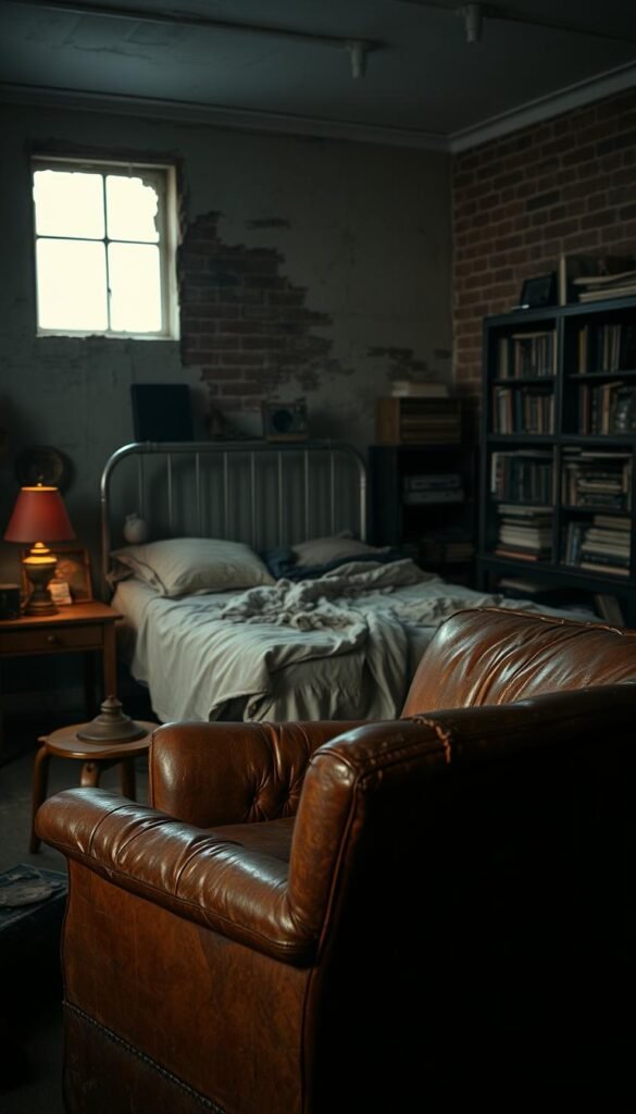 A moody, dimly lit grunge bedroom scene. In the foreground, a battered, vintage leather armchair with worn edges and a tattered upholstery. Beside it, a small, worn wooden side table with a tarnished lamp casting a warm, amber glow. In the middle ground, a distressed metal bed frame supporting a rumpled, unmade bed with layers of mismatched linens and textures. On the walls, peeling paint and exposed brick create an aged, industrial feel. Scattered throughout, grunge aesthetic elements like old vinyl records, a antique music player, and an overflowing bookshelf of well-worn tomes. Moody shadows and highlights, a gritty, atmospheric filter, and a cinematic, 35mm camera angle.