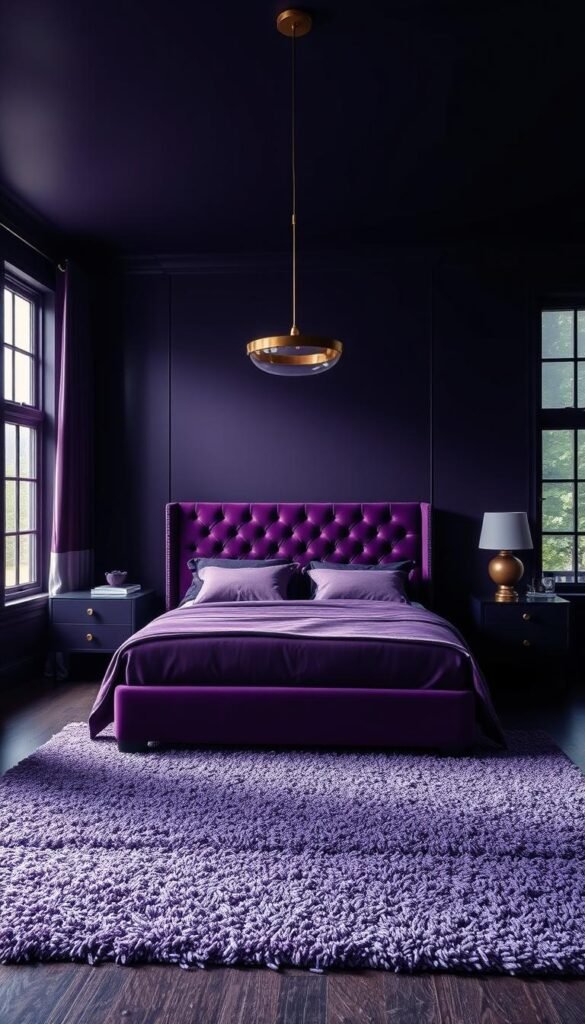 A moody, dimly lit purple bedroom with deep, rich hues that envelop the space. Plush, velvet curtains frame large windows, casting soft shadows across a tufted, amethyst headboard. Bespoke, eggplant-colored cabinets and nightstands create a cohesive, monochromatic palette. A shag rug in varying shades of lavender grounds the room, while a single, pendant light fixture in burnished brass illuminates the scene with a warm, romantic glow. The overall atmosphere is one of luxurious elegance and sophisticated drama.