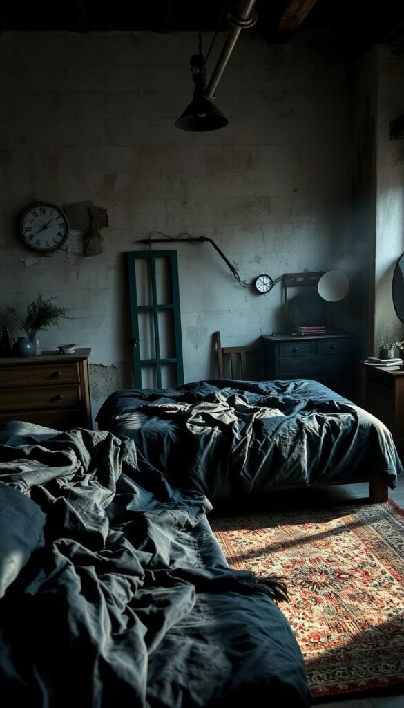 A moody, grungy bedroom scene with a textured, layered color palette. In the foreground, a large bed with rumpled, dark bedding in shades of charcoal and deep indigo. Worn, distressed wooden furniture casts dramatic shadows. The middle ground features a mix of textures - cracked plaster walls, peeling paint, and a weathered area rug in muted earth tones. Soft, atmospheric lighting creates a hazy, vintage aesthetic, casting a warm glow throughout the space. In the background, hints of metal accents and industrial-style decor add an edgy, urban vibe. An overall sense of imperfect beauty and personal style permeates the scene.