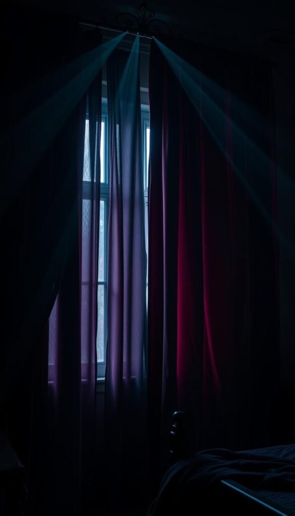 A moody, high-contrast bedroom with dramatic, flowing window drapery. Tall, heavy curtains in deep, saturated tones such as burgundy, plum, or forest green billow and cascade from ornate, wrought-iron curtain rods. Shafts of cool, directional lighting filter through the fabric, casting dynamic shadows and highlights that add depth and texture. The bedroom features a gothic, romantic aesthetic with dark wood furnishings, perhaps an antique or canopy bed. The overall atmosphere is one of gothic opulence, mystery, and allure.