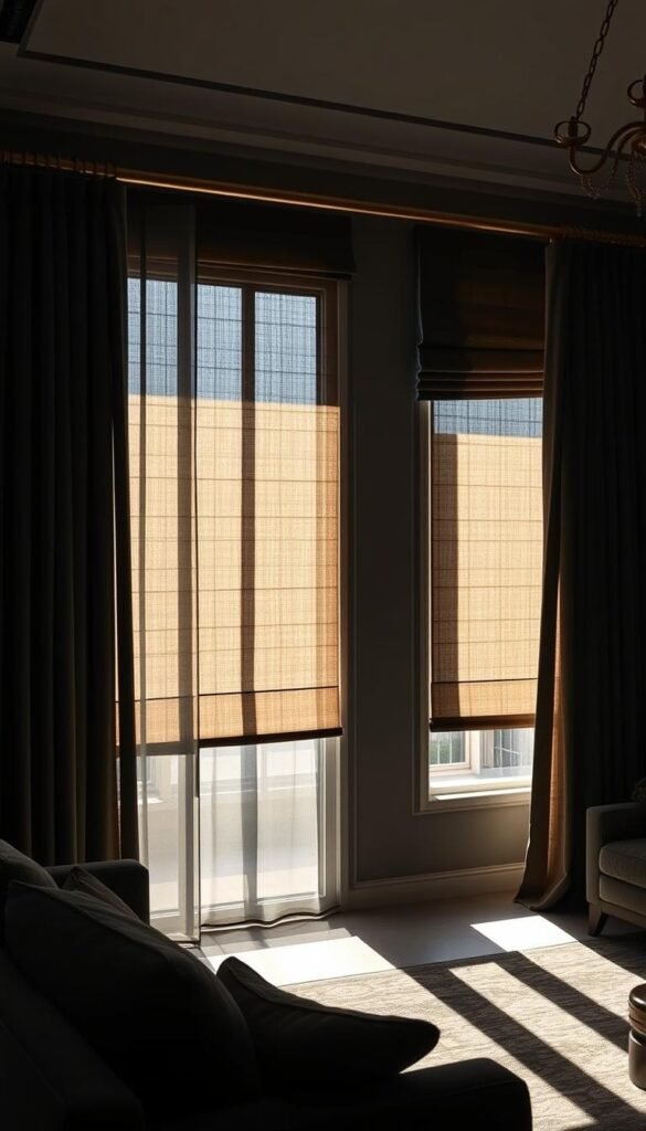 A moody, modern living room with sleek, adjustable window treatments that elegantly control the flow of natural light. Floor-to-ceiling curtains in a rich charcoal velvet cascade from ornate brass rods, casting dramatic shadows across the room. Textured roman shades in a muted olive tone partially obscure the view, filtering the sunlight to create a cozy, intimate ambiance. The lighting is a blend of warm, indirect illumination and deep, theatrical shadows, emphasizing the luxurious, sophisticated aesthetic. The entire scene is captured through a wide-angle lens, highlighting the room's architectural details and the interplay of light and shadow.