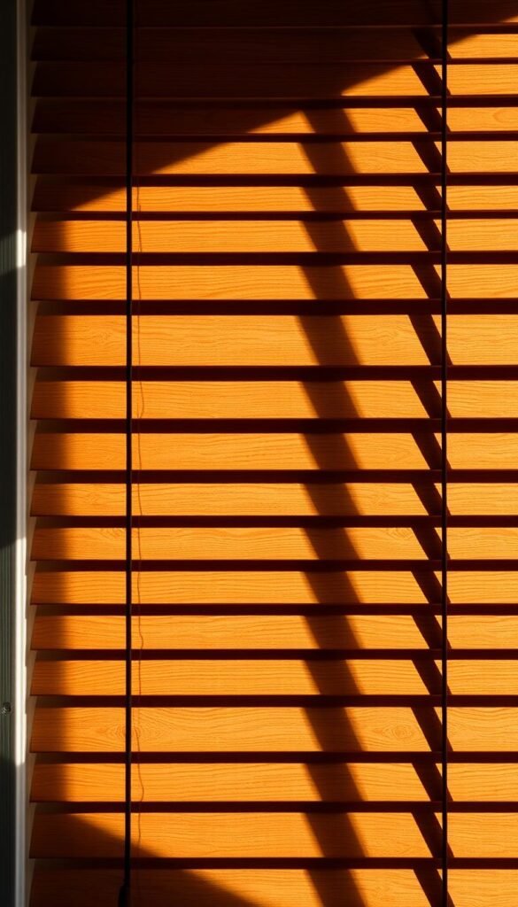 A naturally textured wooden blind, the grain shimmering in soft, diffused light. The wooden slats are arranged in a classic horizontal layout, casting gentle shadows that add depth and dimension. The wood has a warm, earthy tone with subtle variations in color and subtle knots, evoking a sense of rustic charm. The blinds are framed by a clean, minimalist window casing, allowing the natural beauty of the material to take center stage. An atmospheric, cozy mood pervades the scene, creating an inviting and serene ambiance perfect for a relaxing bedroom environment.