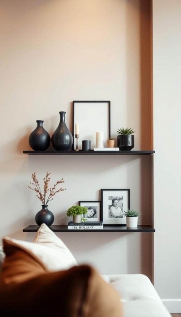 A neatly arranged display of tasteful decor items atop a minimalist floating shelf. In the foreground, a collection of artfully styled vases, candles, and small potted plants create a balanced, visually appealing composition. The middle ground showcases a few carefully selected books and framed artwork, complementing the overall aesthetic. Warm, directional lighting casts subtle shadows, enhancing the depth and dimensionality of the scene. The background fades into a softly blurred, neutral-toned wall, allowing the meticulously styled shelf to be the focal point. The overall mood is one of refined, effortless sophistication, embodying the essence of "top shelf styling strategy" for a living room.