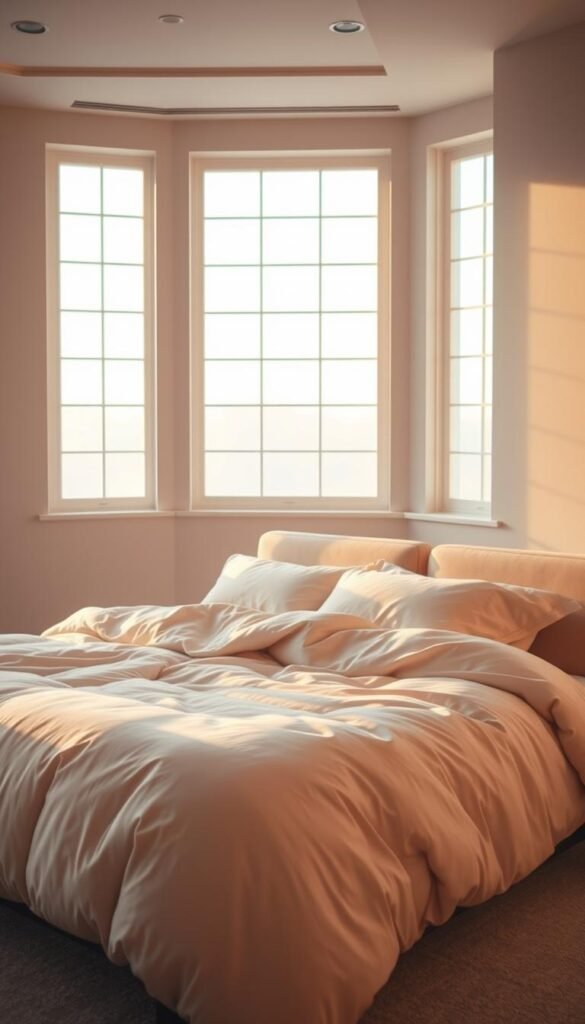 A plush, king-sized bed with a soft, inviting comforter in a serene, neutral-toned bedroom. The bed is situated in a well-lit, airy space, with large windows letting in natural light that casts a warm, golden glow. The room features minimalist, modern decor, creating a tranquil and cozy ambiance. The bed is the focal point, drawing the eye with its luxurious proportions and promise of ultimate comfort. Soft, indirect lighting casts a gentle, soothing atmosphere, while the high-quality linens and pillows suggest a restful, rejuvenating experience. The overall scene conveys a sense of relaxation and indulgence, perfectly suited for a romantic and modern couples' bedroom.