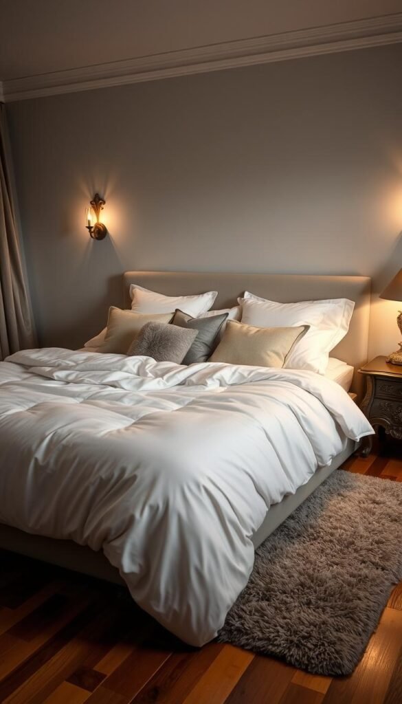 A plush, oversized king-size bed with crisp white cotton sheets and a thick, fluffy duvet cover takes center stage in a cozy, dimly lit bedroom. Soft, diffused lighting from wall sconces bathes the scene in a warm, inviting glow, casting gentle shadows that accentuate the luxurious textures. Piles of matching throw pillows in various shades of gray and neutral tones are scattered across the bed, beckoning the viewer to sink into their cloud-like softness. The hardwood floors are partially covered by a large, shaggy area rug, adding a touch of warmth and comfort underfoot. An ornate, antique-style nightstand with a single lit lamp stands beside the bed, completing the tranquil, restorative ambiance.