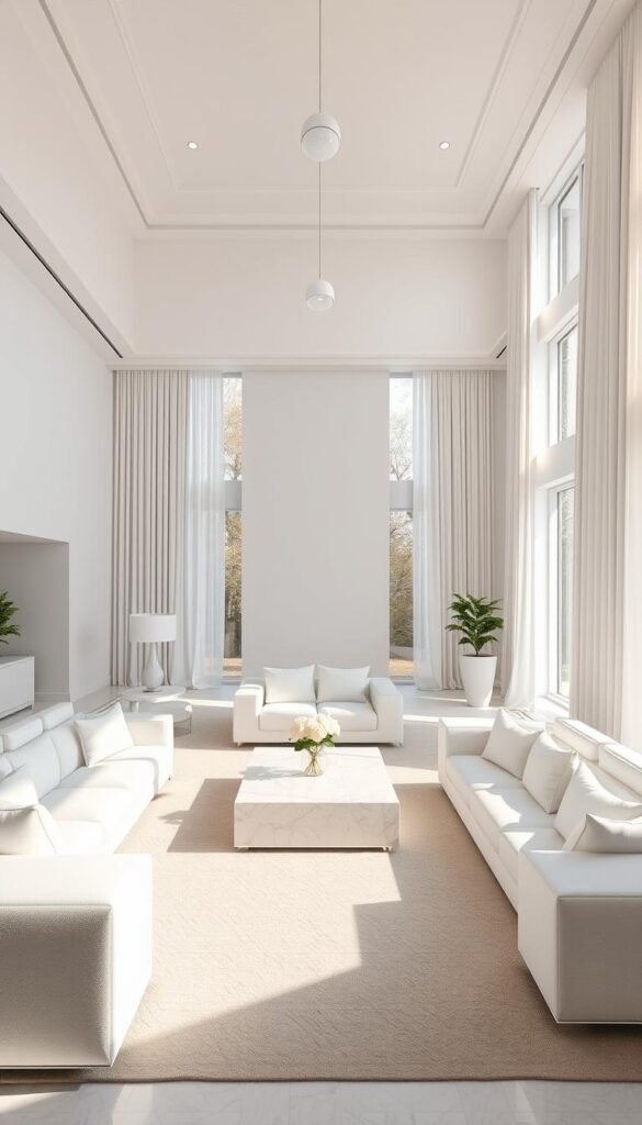 A pristine, high-ceilinged luxury white living room with sleek, modern furniture and high-end materials. Sunlight streams in through large windows, illuminating the space with a warm, airy glow. Plush white sofas and armchairs are accented by polished marble coffee tables and minimalist lighting fixtures. The room exudes an atmosphere of refined sophistication, with carefully curated decor pieces that complement the purity of the white palette. Elegant curtains frame the windows, adding texture and depth to the serene, tranquil scene. The overall impression is one of timeless elegance and understated luxury, creating an inviting and sophisticated space.