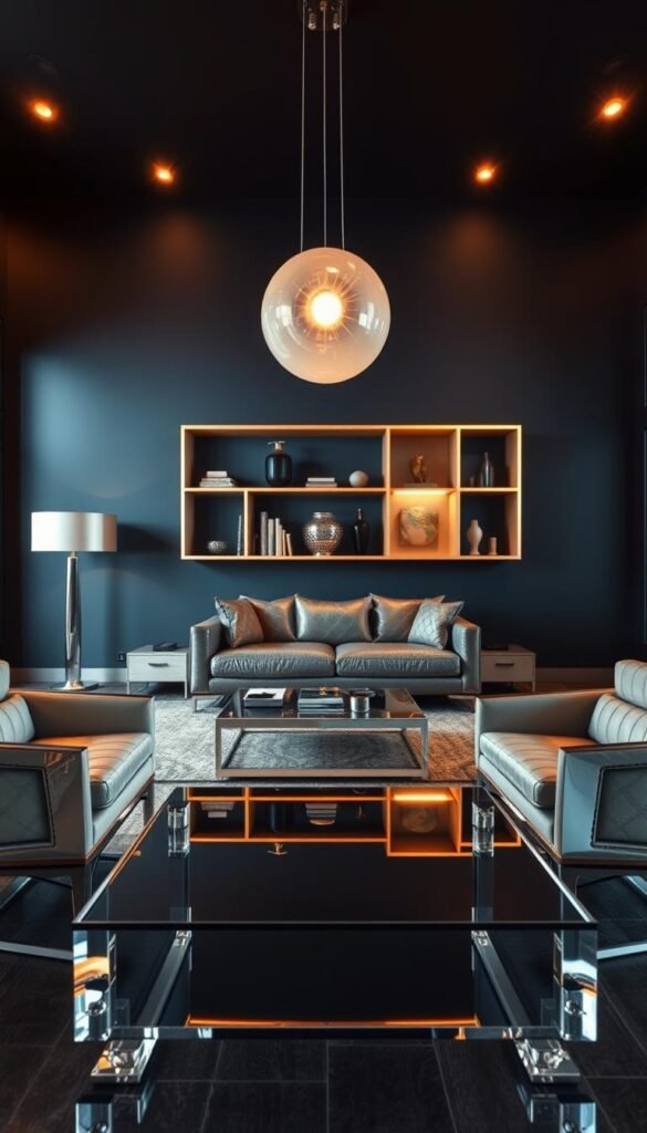 A retro-futuristic living room with a sleek, metallic aesthetic. In the foreground, a modernist acrylic coffee table with clean lines and a mirrored surface reflects the room's surroundings. Framing the table, two angular, chrome-finished armchairs with plush, tufted cushions in a muted palette. In the middle ground, a low-profile, minimalist sofa upholstered in a glossy, metallic fabric. Behind it, a geometric shelving unit in a warm, brushed aluminum finish displays decorative accessories with a vintage-inspired vibe. Overhead, a suspended, orb-shaped light fixture in frosted acrylic casts a soft, ambient glow. The walls are painted in a deep, navy blue, creating a moody, retro-futuristic atmosphere. Warm, directional lighting from hidden sources highlights the room's architectural elements and metallic accents.