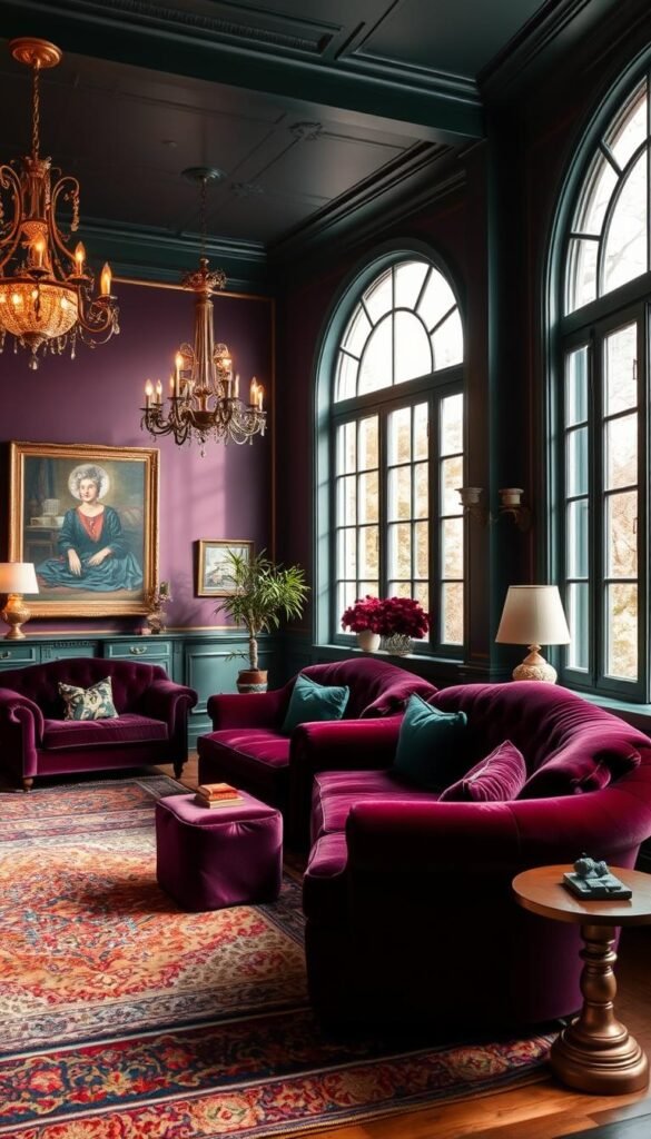 A richly layered interior space with a moody, sophisticated color palette. The walls are painted in deep, jewel-toned shades of emerald, sapphire, and amethyst, creating a sense of elegance and warmth. The plush, velvet furnishings in complementary hues of burgundy and aubergine add depth and texture, while the ornate, antique-inspired light fixtures cast a soft, golden glow throughout the room. Intricate, patterned rugs and artwork in earthy tones of ochre and terracotta ground the space, blending the Victorian and modern elements seamlessly. Soft, filtered lighting from large windows casts dramatic shadows, heightening the sense of drama and ambiance.