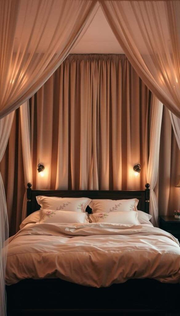 A romantic, softly-lit canopy bed set against a backdrop of lush, flowing curtains. The bed is adorned with plush, inviting bedding in shades of warm beige and blush, with delicate floral accents. Gentle lighting from sconces or hanging pendants casts a cozy, intimate glow throughout the space. The scene evokes a sense of comfort, relaxation, and amorous atmosphere, perfect for a couples' bedroom retreat.