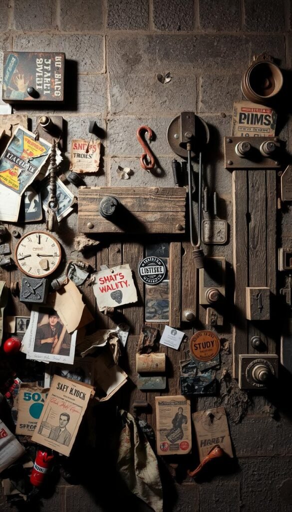 A rugged, grunge-inspired wall collage featuring a diverse array of found objects, textures, and worn ephemera. In the foreground, a disjointed patchwork of torn posters, stickers, and aged photographs is haphazardly layered, creating a sense of depth and visual interest. In the middle ground, weathered wood planks, rusted hardware, and distressed metal accents add an industrial edge. The background showcases a gritty, textured concrete or brick wall, casting dramatic shadows and highlights that enhance the moody, atmospheric ambiance. The overall composition exudes a raw, expressive, and personalized aesthetic, inviting the viewer to explore the individual elements and the collective narrative they convey.