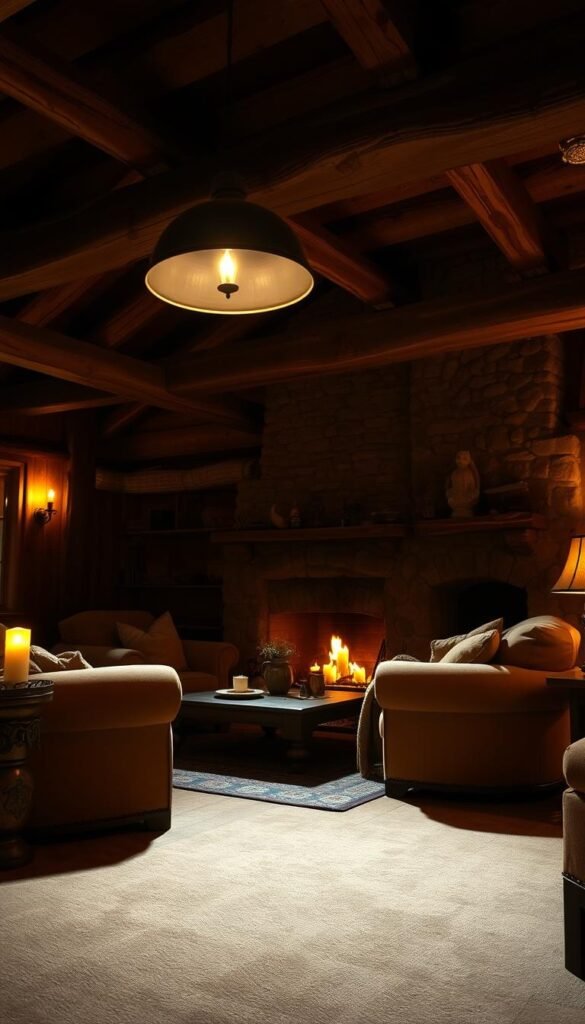 A rustic and cozy living room bathed in warm, ambient lighting. Soft, flickering candlelight casts a gentle glow, complemented by the muted illumination of vintage-style wall sconces. Exposed wooden beams and a stone fireplace create a charming, cabin-like atmosphere. Plush, earthy-toned furnishings and natural textiles add to the comforting, lived-in feel. Gentle shadows dance across the room, evoking a sense of intimate, relaxed elegance. The lighting is both practical and atmospheric, striking the perfect balance between functionality and rustic ambiance.