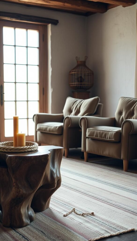 A rustic, artisanal living room showcasing the beauty of handcrafted furniture. In the foreground, a chunky, solid-wood coffee table with organic, imperfect lines and a warm, matte finish, adorned with a hand-woven basket and a single beeswax candle. In the middle ground, a pair of plush, overstuffed armchairs upholstered in a muted, earthy tone, their stitching and natural textures creating an inviting, lived-in aesthetic. Behind, a large, floor-to-ceiling window bathes the space in soft, natural light, casting gentle shadows and highlighting the unique character of each piece. The overall mood is one of simplicity, authenticity, and a reverence for the imperfect beauty of artisanal craftsmanship.
