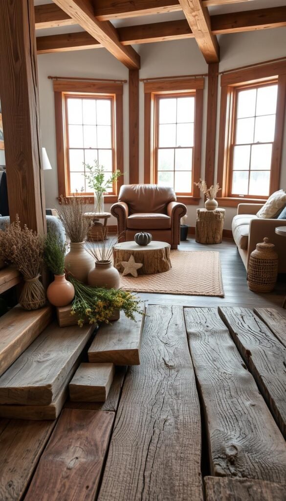 A rustic farmhouse living room filled with the warmth of natural and reclaimed materials. In the foreground, a collection of weathered, knotty wooden planks and beams, their surfaces textured with the marks of time. Interspersed among them, bundles of dried herbs, earthy ceramics, and a woven jute rug. In the middle ground, a cozy leather armchair and a side table crafted from a repurposed tree stump. The background features large windows framed by simple wooden trims, allowing natural light to flood the space and highlight the organic materials. The overall atmosphere is one of comfort and rustic charm, perfectly capturing the essence of "Rustic Farmhouse Living Room Decor: Cozy Meets Country." A rustic farmhouse living room filled with the warmth of natural and reclaimed materials. In the foreground, a collection of weathered, knotty wooden planks and beams, their surfaces textured with the marks of time. Interspersed among them, bundles of dried herbs, earthy ceramics, and a woven jute rug. In the middle ground, a cozy leather armchair and a side table crafted from a repurposed tree stump. The background features large windows framed by simple wooden trims, allowing natural light to flood the space and highlight the organic materials. The overall atmosphere is one of comfort and rustic charm, perfectly capturing the essence of "Rustic Farmhouse Living Room Decor: Cozy Meets Country."