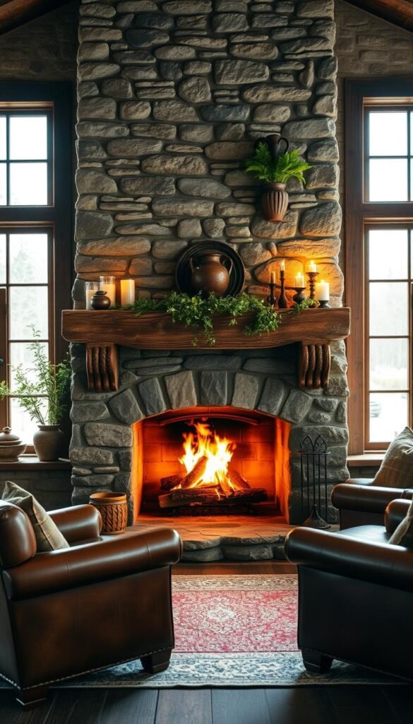 A rustic stone farmhouse fireplace, the centerpiece of a cozy country living room. Warm flickering flames dance in an ornate stone hearth, casting a golden glow on the surrounding decor. Weathered wood mantel and shelves display artfully arranged pottery, candles, and lush greenery. Large windows let in soft natural light, illuminating the textured stone facade. Plush leather armchairs and a worn area rug create an inviting seating area, perfect for relaxing on a chilly evening. The overall atmosphere is one of timeless comfort and charming country style. A rustic stone farmhouse fireplace, the centerpiece of a cozy country living room. Warm flickering flames dance in an ornate stone hearth, casting a golden glow on the surrounding decor. Weathered wood mantel and shelves display artfully arranged pottery, candles, and lush greenery. Large windows let in soft natural light, illuminating the textured stone facade. Plush leather armchairs and a worn area rug create an inviting seating area, perfect for relaxing on a chilly evening. The overall atmosphere is one of timeless comfort and charming country style.