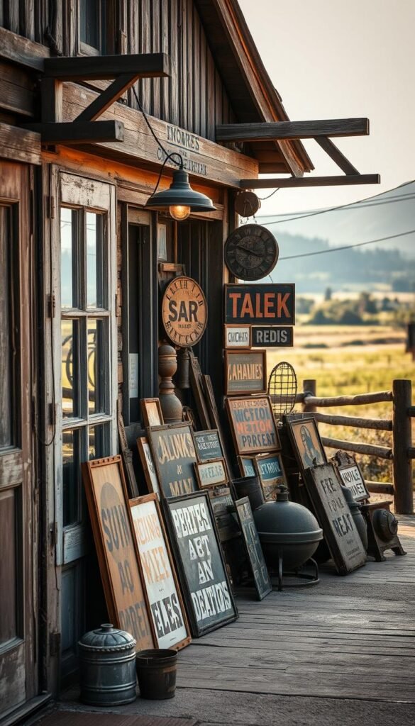 A rustic, time-worn storefront with a vintage signage display in the foreground. Weathered wooden planks, aged metal accents, and a faded painted facade set the scene. In the middle ground, an assortment of antique signs, advertisements, and industrial artifacts are arranged with care, creating a charming vignette. Soft, warm lighting filters through the scene, casting a cozy, nostalgic glow. The background features a blurred, out-of-focus landscape, hinting at a rural setting. The overall mood is one of wistful nostalgia, inviting the viewer to step back in time and imagine the stories behind these reclaimed treasures.