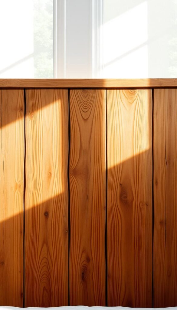 A rustic, weathered wooden headboard standing tall against a backdrop of soft, natural light. The grain of the wood is prominently featured, with knots and imperfections adding character. Warm, golden tones emanate from the wood, creating a cozy and inviting atmosphere. The headboard is positioned in the center of the frame, commanding attention and serving as the focal point of the image. The lighting is soft and diffused, casting gentle shadows that accentuate the texture and depth of the wood. The overall composition is balanced and visually harmonious, reflecting the inviting and charming nature of a farmhouse-inspired bedroom.
