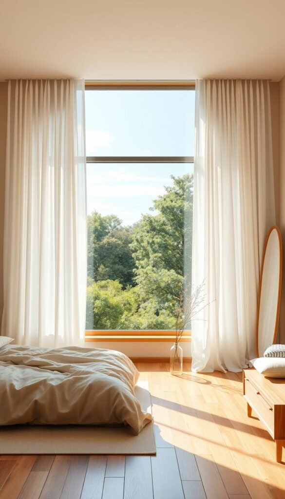 A serene Japandi bedroom bathed in natural light, the curtains gently billowing inward. The large window takes center stage, framing an idyllic outdoor scene of lush greenery and a clear sky. Soft, warm-toned wooden floors and furniture create a cozy, minimalist ambiance. Strategically placed mirrors reflect the natural light, amplifying the sense of openness and brightness. Wispy plants and textural accents add subtle pops of organic life. The overall scene exudes a harmonious balance of clean lines, natural materials, and an abundance of radiant daylight, capturing the essence of the "Maximize Natural Light to Enhance Warmth" design principle.