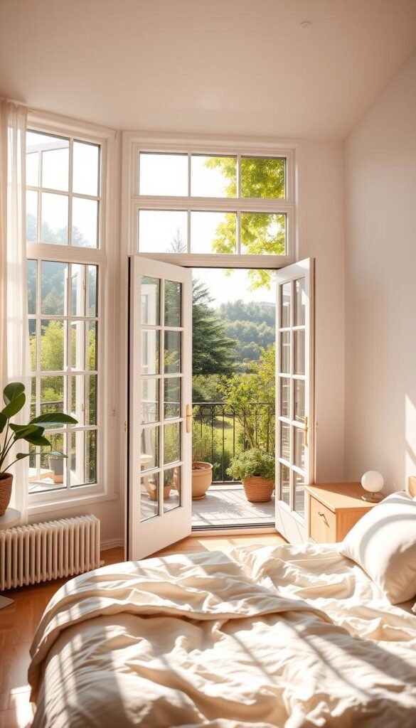 A serene and airy bedroom bathed in natural light, with large windows that frame a lush, verdant landscape. Sunlight streams in, illuminating the minimalist, Nordic-inspired decor - clean lines, light wood furnishings, and a neutral color palette accentuated by pops of greenery. An open french door leads to a small, private balcony, where a gentle breeze rustles the leaves of potted plants. The atmosphere is calm and refreshing, inviting you to open the windows and let the fresh air circulate, creating a seamless connection between the indoor and outdoor spaces. A serene and airy bedroom bathed in natural light, with large windows that frame a lush, verdant landscape. Sunlight streams in, illuminating the minimalist, Nordic-inspired decor - clean lines, light wood furnishings, and a neutral color palette accentuated by pops of greenery. An open french door leads to a small, private balcony, where a gentle breeze rustles the leaves of potted plants. The atmosphere is calm and refreshing, inviting you to open the windows and let the fresh air circulate, creating a seamless connection between the indoor and outdoor spaces.