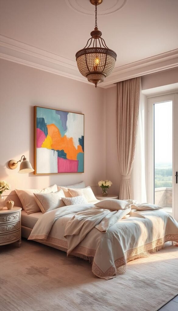 A serene and dreamy bedroom bathed in muted pastel hues. The focal point is a bold, abstract expressionist painting in vibrant colors that adds a striking contrast to the soft, calming palette. Intricate patterns and textures on the bedding, curtains, and furniture create depth and visual interest. Warm, diffused lighting from a vintage-inspired pendant casts a warm glow, accentuating the delicate tones. A large window frames a tranquil outdoor scene, blurring the boundaries between indoor and outdoor spaces. The overall atmosphere is one of quiet sophistication and restful tranquility, inviting the viewer to sink into the comfort of this soothing, yet artfully curated sanctuary.