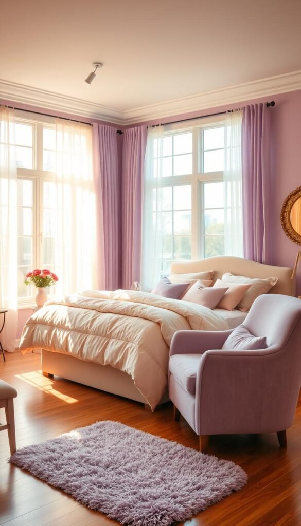 A serene and inviting peach-pink-lavender bedroom, bathed in soft, diffused natural light from large windows. The walls are painted in a gentle lavender hue, creating a calming and romantic ambiance. The plush, oversized bed is dressed in layers of peach-toned linens, accented with delicate lavender throw pillows. A cozy lavender armchair sits in the corner, inviting relaxation. Wispy sheer curtains frame the windows, casting a warm glow throughout the space. The hardwood floors are covered by a soft, fuzzy lavender area rug. Subtle peach-toned accents, such as a vase of fresh flowers and a decorative mirror, add pops of color. The overall atmosphere is one of tranquility and unexpected warmth.
