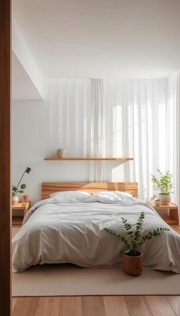 A serene and minimal Japandi-inspired bedroom, bathed in soft, natural light filtering through sheer curtains. At the center, a visually striking wooden headboard or floating shelf acts as a captivating focal point, its clean lines and organic textures drawing the eye. Surrounding it, a neutral color palette of whites, grays, and natural wood tones creates a calming, harmonious atmosphere. Accents of lush greenery, such as potted plants or a delicate floral arrangement, add a touch of warmth and liveliness. The space is characterized by a balance of simplicity and thoughtful, purposeful design, embodying the Japandi aesthetic.