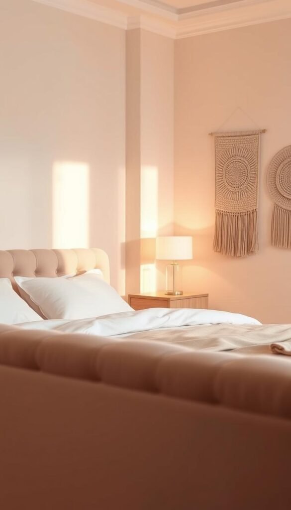 A serene and minimal blush bedroom design with a soft, calming ambiance. The room is bathed in warm, diffused lighting, creating a cozy and inviting atmosphere. In the foreground, a plush, tufted headboard in a muted blush tone is the focal point, complemented by crisp white linens and subtle pops of pastel accents. The middle ground features a sleek, modern nightstand in a light wood finish, accentuated by a delicate glass table lamp. The background showcases neutral-toned walls, enhanced by the gentle texture of woven wall hangings, evoking a sense of classic comfort and tranquility. The overall aesthetic is sophisticated, understated, and perfectly suited for a dreamy, pastel-inspired bedroom retreat.