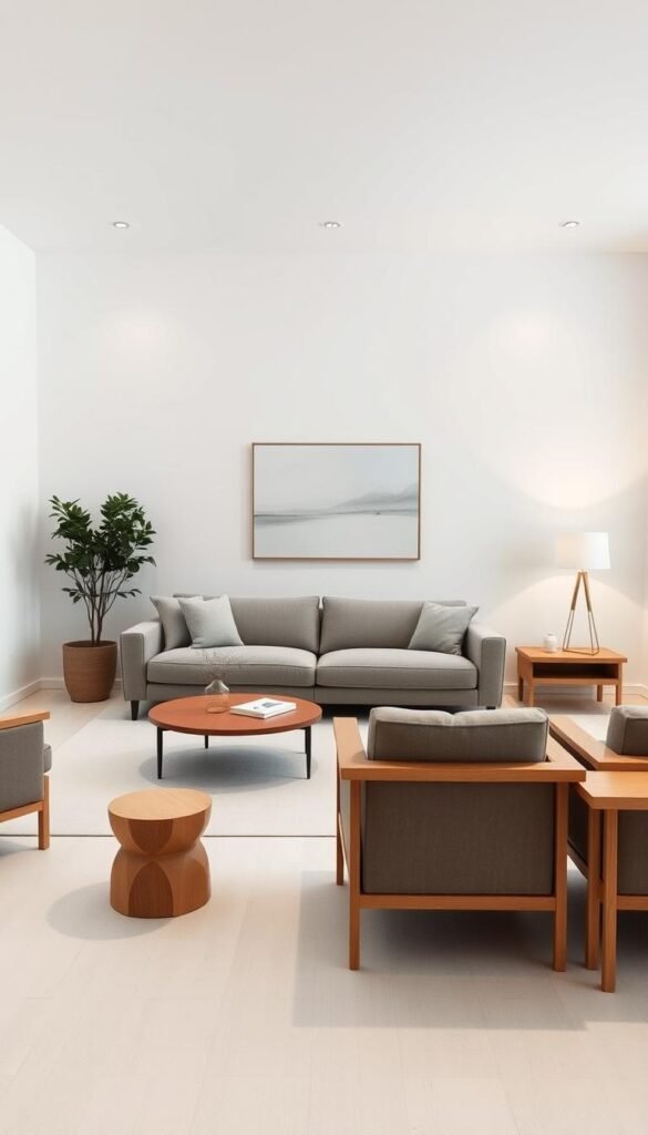 A serene and minimalist living room with a muted color palette. Soft white walls provide a clean, calming backdrop. A large, low-profile gray sofa takes center stage, complemented by a pair of matching armchairs. Warm wooden accents, such as a coffee table and side tables, add depth and texture. Indirect lighting, with a sleek floor lamp and recessed ceiling fixtures, casts a gentle, ambient glow. Minimal decor, including a potted plant and abstract artwork, creates a sense of tranquility and restraint. The overall composition radiates a refined, contemporary aesthetic, perfectly suited for a modern, minimalist apartment.