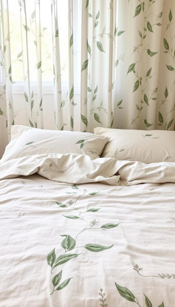 A serene and nature-inspired bedding arrangement, showcasing a delicate pattern of lush foliage, soft textures, and muted hues. In the foreground, a plush comforter displays a subtle leaf motif, complemented by a pair of matching pillowcases. The middle ground features a cozy throw blanket with an abstract floral design, adding depth and visual interest. In the background, sheer curtains with a wispy, botanical-inspired pattern gently sway, allowing natural light to filter in and create a warm, inviting ambiance. The overall composition evokes a sense of tranquility and a harmonious blend of nature and comfort, perfect for a green-themed bedroom. A serene and nature-inspired bedding arrangement, showcasing a delicate pattern of lush foliage, soft textures, and muted hues. In the foreground, a plush comforter displays a subtle leaf motif, complemented by a pair of matching pillowcases. The middle ground features a cozy throw blanket with an abstract floral design, adding depth and visual interest. In the background, sheer curtains with a wispy, botanical-inspired pattern gently sway, allowing natural light to filter in and create a warm, inviting ambiance. The overall composition evokes a sense of tranquility and a harmonious blend of nature and comfort, perfect for a green-themed bedroom.