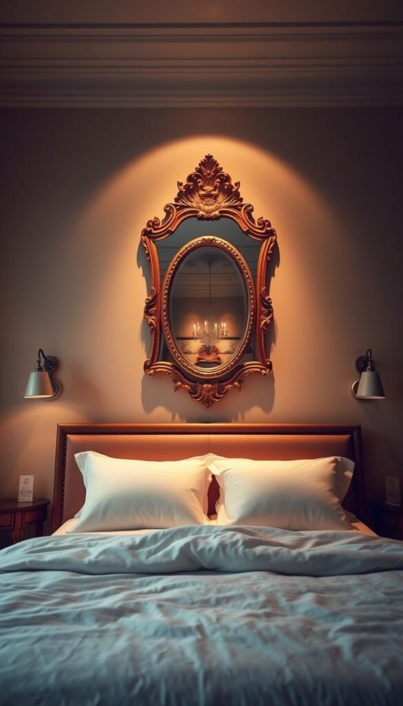 A serene and sophisticated bedroom with a focal point above the bed, featuring a large, ornate mirror with a gilded frame. The mirror is positioned in the center of the wall, casting a warm, soft light across the space. The room is bathed in a cozy, ambient glow, with subtle lighting fixtures that create a calming atmosphere. The mirror is the star of the scene, its reflection adding depth and visual interest to the space. The overall mood is one of tranquility and elegance, perfectly suited for a relaxing, aesthetically-pleasing bedroom.
