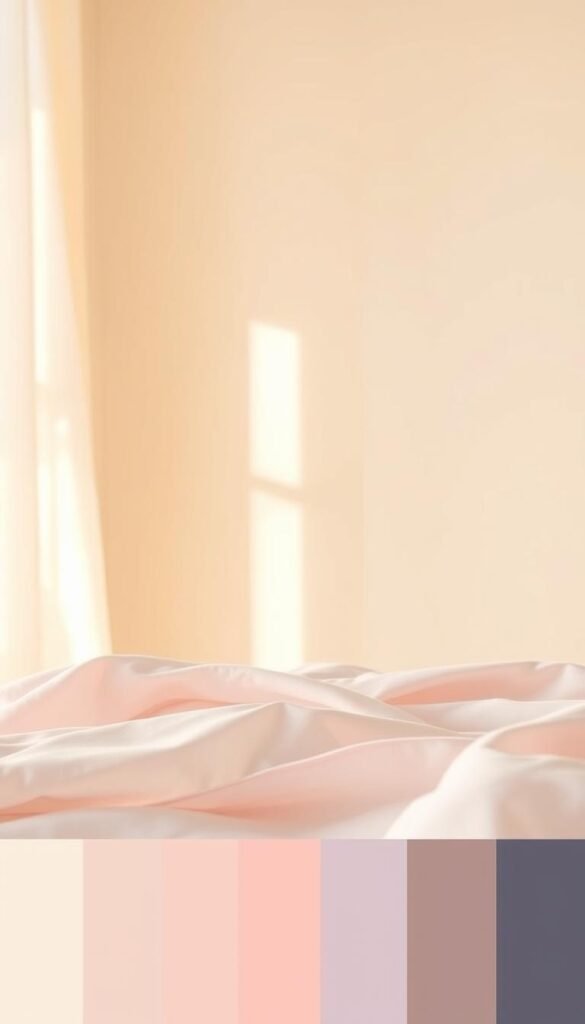 A serene and sophisticated color palette with a harmonious blend of soft, muted tones. In the foreground, a tranquil arrangement of pastel hues - pale pink, soft lavender, and delicate blue - creating a sense of calm and elegance. The middle ground features a subtle gradient, transitioning seamlessly between the layers. In the background, a hazy, atmospheric wash of warm neutrals, like off-white and taupe, infusing the scene with a soothing, luxurious ambiance. Warm, diffused lighting casts a gentle glow, accentuating the depth and nuance of the palette. The overall composition exudes a refined, minimalist aesthetic, suitable for a primary bedroom space. A serene and sophisticated color palette with a harmonious blend of soft, muted tones. In the foreground, a tranquil arrangement of pastel hues - pale pink, soft lavender, and delicate blue - creating a sense of calm and elegance. The middle ground features a subtle gradient, transitioning seamlessly between the layers. In the background, a hazy, atmospheric wash of warm neutrals, like off-white and taupe, infusing the scene with a soothing, luxurious ambiance. Warm, diffused lighting casts a gentle glow, accentuating the depth and nuance of the palette. The overall composition exudes a refined, minimalist aesthetic, suitable for a primary bedroom space.