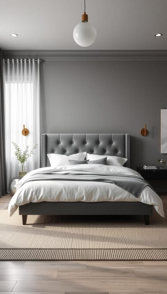 A serene and sophisticated gray bedroom, bathed in soft natural light filtering through sheer curtains. The focal point is a plush, tufted gray headboard framing a minimalist yet elegant bed frame. Complementing this are crisp white bedding and accent pillows, creating a timeless and modern aesthetic. The room features muted gray walls, accented by subtle textural elements like a woven area rug and a sleek, low-profile dresser. Indirect lighting from wall sconces and a simple pendant fixture add depth and a calming ambiance. The overall composition exudes a sense of tranquility and refined sophistication, perfectly embodying the timeless and modern essence of a gray bedroom. A serene and sophisticated gray bedroom, bathed in soft natural light filtering through sheer curtains. The focal point is a plush, tufted gray headboard framing a minimalist yet elegant bed frame. Complementing this are crisp white bedding and accent pillows, creating a timeless and modern aesthetic. The room features muted gray walls, accented by subtle textural elements like a woven area rug and a sleek, low-profile dresser. Indirect lighting from wall sconces and a simple pendant fixture add depth and a calming ambiance. The overall composition exudes a sense of tranquility and refined sophistication, perfectly embodying the timeless and modern essence of a gray bedroom.