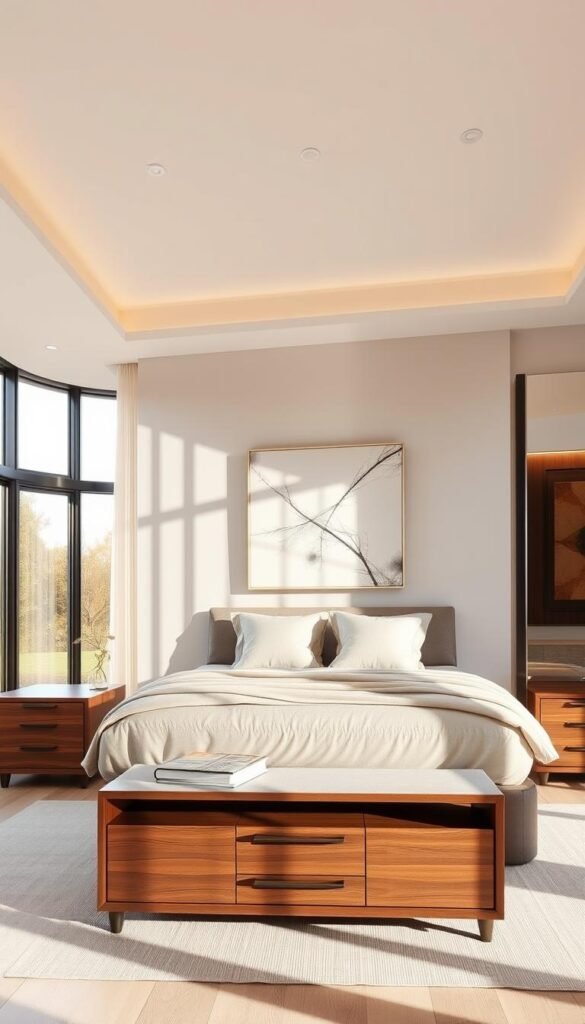 A serene and sophisticated modern mansion bedroom design. A spacious room with floor-to-ceiling windows that flood the space with warm, natural light. Plush, neutral-toned bedding and soft, textured throw pillows adorn a grand, four-poster bed. Smooth, polished wood furniture, including a sleek dresser and nightstands, complement the minimalist aesthetic. Recessed lighting casts a gentle glow, while a large, abstract artwork hangs above the bed, adding a touch of contemporary flair. The overall atmosphere is one of elegant simplicity, inviting relaxation and creativity. A serene and sophisticated modern mansion bedroom design. A spacious room with floor-to-ceiling windows that flood the space with warm, natural light. Plush, neutral-toned bedding and soft, textured throw pillows adorn a grand, four-poster bed. Smooth, polished wood furniture, including a sleek dresser and nightstands, complement the minimalist aesthetic. Recessed lighting casts a gentle glow, while a large, abstract artwork hangs above the bed, adding a touch of contemporary flair. The overall atmosphere is one of elegant simplicity, inviting relaxation and creativity.