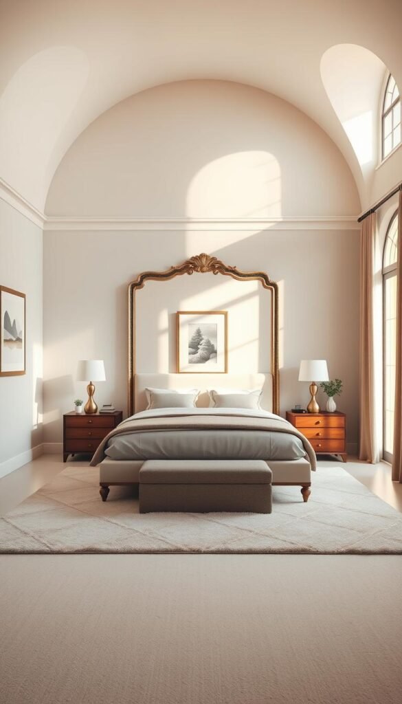 A serene and symmetrical primary bedroom design, bathed in soft, warm lighting that creates a tranquil atmosphere. The room features a centrally-placed king-size bed with matching nightstands and lamps. Behind the bed, a large, ornate mirror reflects the scene, enhancing the sense of balance and proportion. The walls are adorned with minimalist, framed artwork, while plush area rugs and textiles in muted tones ground the space. Tall, arched windows allow natural light to filter in, casting a gentle glow throughout. The overall effect is one of elegant simplicity, inviting rest and relaxation. A serene and symmetrical primary bedroom design, bathed in soft, warm lighting that creates a tranquil atmosphere. The room features a centrally-placed king-size bed with matching nightstands and lamps. Behind the bed, a large, ornate mirror reflects the scene, enhancing the sense of balance and proportion. The walls are adorned with minimalist, framed artwork, while plush area rugs and textiles in muted tones ground the space. Tall, arched windows allow natural light to filter in, casting a gentle glow throughout. The overall effect is one of elegant simplicity, inviting rest and relaxation.