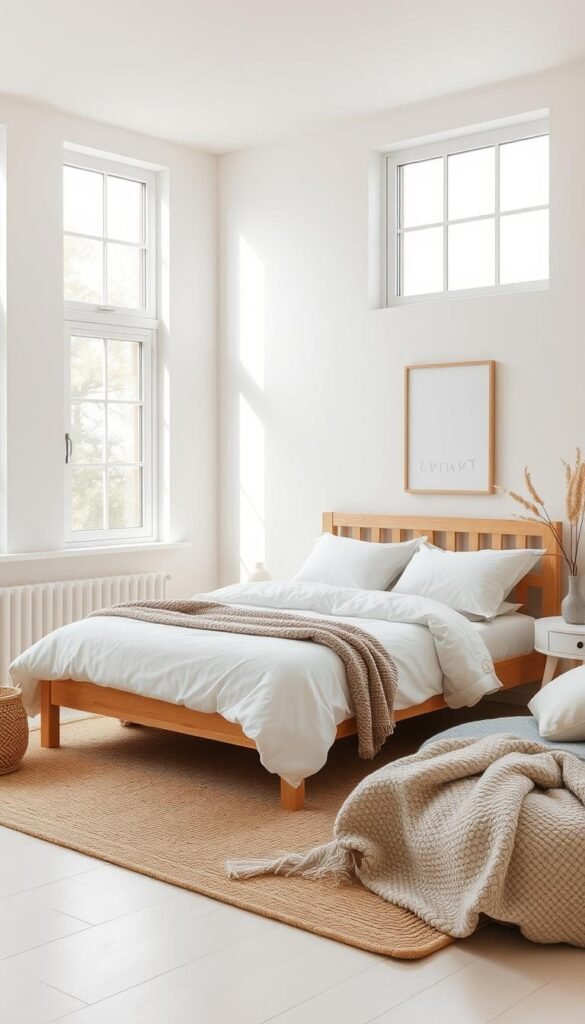 A serene and tranquil Scandinavian-inspired bedroom with a light and neutral color palette. The space features a minimalist wooden bed frame, crisp white bedding, and subtle hints of gray and beige accents. Soft, diffused natural lighting filters in through large windows, casting a warm, calming glow across the room. The walls are painted in a soft, off-white hue, creating a clean and airy atmosphere. Subtle textural elements, such as a woven rug and a cozy knitted throw, add depth and visual interest to the space. The overall aesthetic is one of simplicity, balance, and a soothing, restorative ambiance.