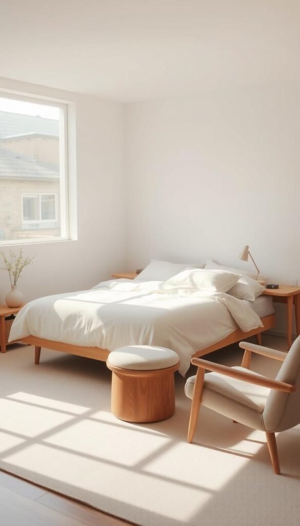 A serene and tranquil minimalist sleep space, bathed in soft, warm lighting. A large, comfortable bed with clean, crisp bedding takes center stage, surrounded by a sparse, airy arrangement of essential furniture - a low-profile nightstand, a simple desk, and a plush, oversized chair. Neutral tones and natural textures, like wood and linen, create a calming ambiance. The room is uncluttered, with ample negative space, allowing the mind to rest and recharge. Muted sunlight filters in through a large window, casting gentle shadows and highlighting the clean, unadorned lines of the space. The overall scene exudes a sense of tranquility and rejuvenation, illustrating the benefits of a minimalist sleep environment.