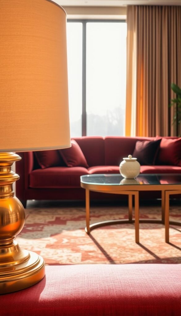 A serene arrangement of exquisite materials and finishes, bathed in a soft, warm glow. In the foreground, a polished brass lamp base reflects the light, its subtly textured surface catching the eye. Surrounding it, a plush velvet sofa in a rich, jewel-toned hue offers a sumptuous seating experience. In the middle ground, a sleek, glass-topped coffee table with a brushed metal frame adds a touch of modern elegance. The background is illuminated by a large, floor-to-ceiling window, allowing natural light to pour in and create a luminous ambiance. The overall scene radiates an aura of luxurious refinement, perfectly capturing the essence of "How to Choose Materials and Finishes for a Perfect Glow".