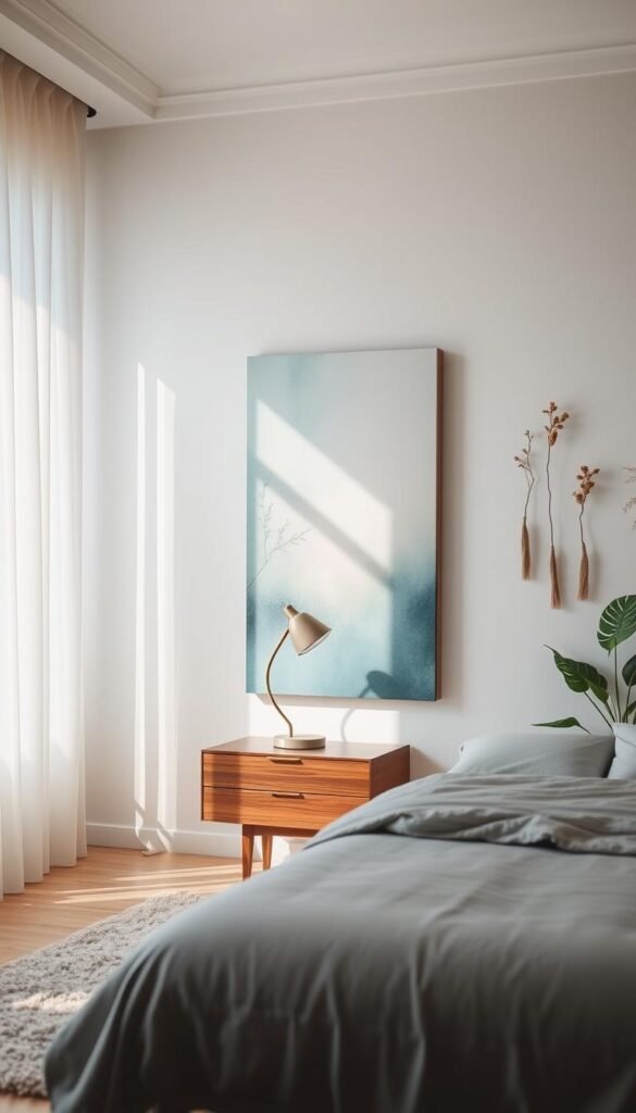 A serene bedroom wall design, bathed in soft, natural light filtering through sheer curtains. A focal point emerges - a large, abstract painting in muted tones of blue and green, creating a calming, meditative atmosphere. In the foreground, a minimalist wooden nightstand supports a single, elegantly-curved lamp, casting a warm glow. The walls are adorned with delicate, botanical wall hangings, their organic shapes complementing the tranquil palette. Underfoot, a plush, neutral-toned area rug grounds the space, inviting you to sink in and find respite. This harmonious blend of natural elements and refined simplicity evokes a sense of serenity and restoration.