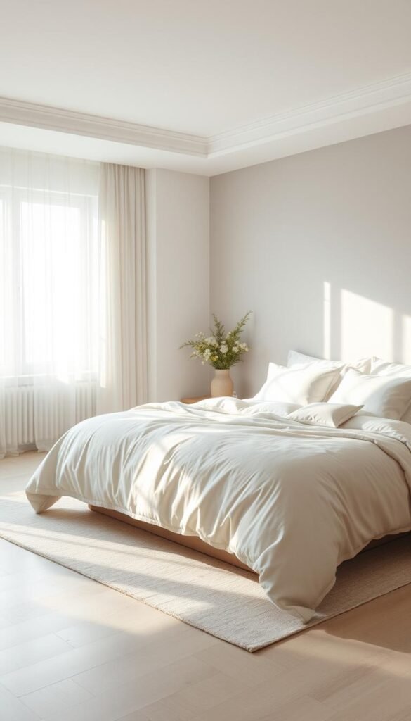A serene, calming bedroom bathed in soft, muted hues. A neutral color palette of soft grays, creamy whites, and muted blues creates a tranquil ambiance. Diffused lighting from a large window casts a warm glow, casting gentle shadows. A plush, oversized bed with crisp, linen bedding is the focal point, inviting relaxation. Minimalist decor, such as a vase of fresh flowers and a few potted plants, add natural accents. The space exudes a sense of peace and rejuvenation, perfect for unwinding and recharging.