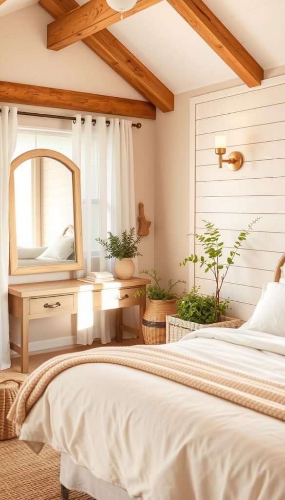 A serene coastal bedroom oasis, bathed in soft beige hues. In the foreground, a plush, inviting bed adorned with linen sheets and a cozy knitted throw. Beside it, a woven rattan nightstand holds a driftwood-framed mirror reflecting the warm natural light streaming through sheer white curtains. The middle ground features a natural jute rug and a woven basket overflowing with lush greenery. In the background, a shiplap accent wall evokes the tranquility of a beach house, complemented by wooden beams and a pair of sconces casting a gentle glow. Subtle textures, organic materials, and a calming color palette create a soothing, spa-like ambiance.