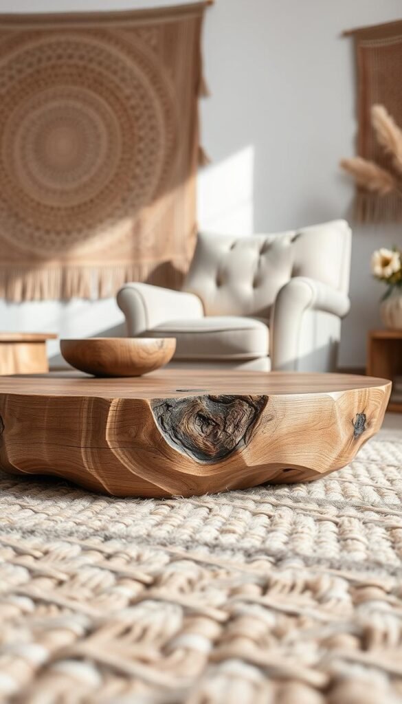 A serene collection of natural textures in a cozy home setting. In the foreground, a plush woven rug with a subtle pattern, its soft fibers inviting touch. Behind it, a weathered wooden coffee table, its grain and knots forming a captivating abstract design. In the middle ground, a plush velvet armchair, its sumptuous texture complementing the rough-hewn wooden accent pieces. In the background, a wall adorned with a tapestry, its intricate woven patterns adding depth and warmth to the space. Soft, diffused lighting from natural sources casts a soothing glow, highlighting the inherent beauty of these natural elements. The overall atmosphere is one of calm, comfort, and a deep connection to the natural world.