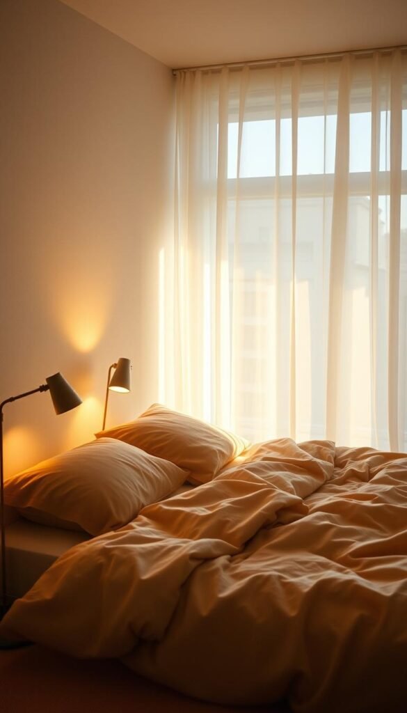 A serene, cozy bedroom flooded with warm, inviting lighting. Soft, diffused illumination from a pair of minimalist bedside lamps, their subtle glow reflecting off the pale, textured walls. Delicate shadows play across the plush, neutral-toned bedding, while a sheer, gauzy curtain filters the natural light streaming in from a large window, casting a dreamy ambiance throughout the space. The lighting is cinematic yet calming, creating an atmosphere of tranquility and comfort, perfect for a relaxing retreat.