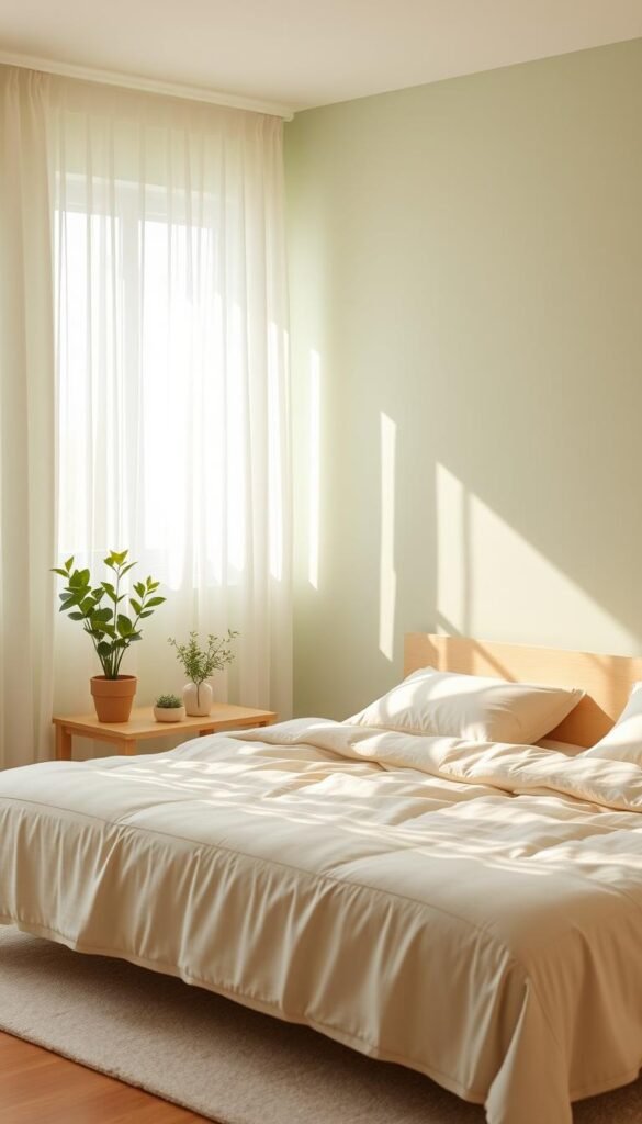 A serene, cozy bedroom with soft, pale green walls that create a harmonious and rejuvenating atmosphere. The room is bathed in warm, diffused natural light filtering through sheer curtains, casting a gentle glow over the space. Delicate, lush greenery in potted plants and a small bouquet add subtle pops of color, complementing the soothing wall hue. The furniture, including a plush, minimalist bed frame and nightstands, is made of light, natural wood, enhancing the calming, organic feel. Soft, textured bedding in complementary neutral tones invites relaxation. The overall scene evokes a sense of tranquility and balance, perfect for a restful, restorative retreat.